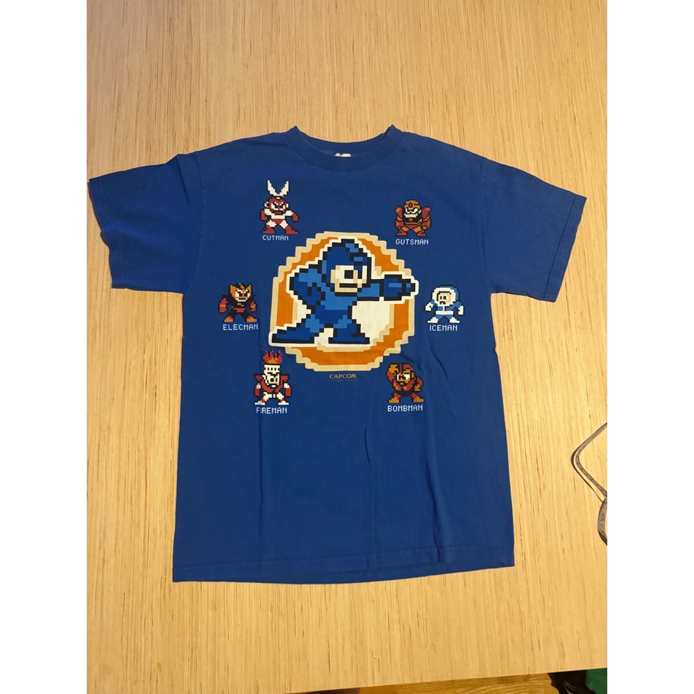 Capcom Mega Man 8-Bit Pixel Art Robot Masters Blue Graphic T-Shirt Mens Small 37